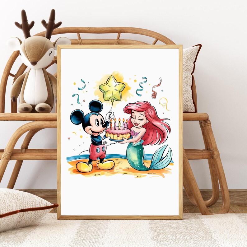 May include: A watercolor illustration of Mickey Mouse and Ariel the Mermaid celebrating a birthday with a pink cake and candles. Mickey is holding the cake and Ariel is smiling. There is a yellow star balloon in the background.