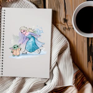 May include: A watercolor illustration of a cartoon Elsa from Frozen ice skating with a small green alien character. The background is a light blue watercolor wash.