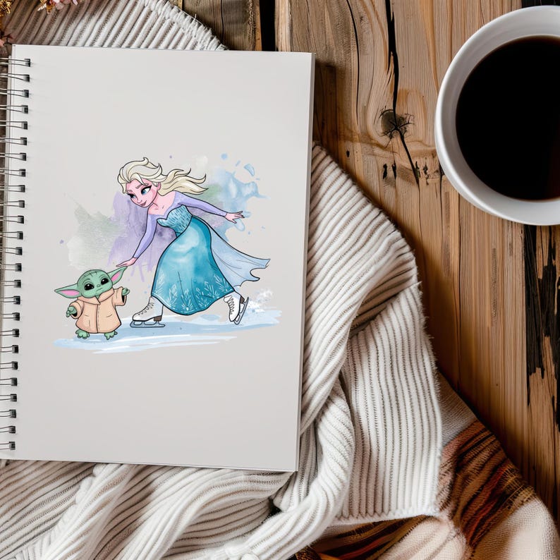 May include: A watercolor illustration of a cartoon Elsa from Frozen ice skating with a small green alien character. The background is a light blue watercolor wash.