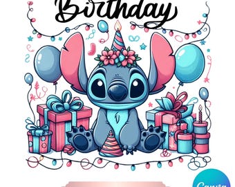 Birthday Stitch Canva PNG, Editable Custom Name Download, Cute Gift Scene Printable for Kids, Digital Sublimation Clipart