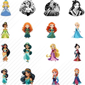 Princess Clipart PNG Bundle Sticker Sublimation Nursery Decor Snow White Moana Merida Aurora Cinderella Belle Jasmine Pocahontas Mulan Tiana