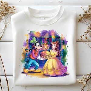 Goofy and Belle PNG Bundle, süßes Buch lesen Clipart, Märchen Freunde Design für T-shirts, Tassen, Geburtstagsdekoration, hohe Qualität