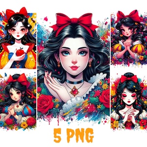 Snow White Clipart Png, Princess PNG, Seven Dwarves, Fairytale, Deer, Cottage, Birds, Hand Drawn, Cute Glitter Kids Art, Evil Queen art png