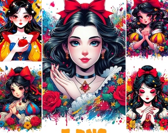 Snow White Clipart Png, Princess PNG, Seven Dwarves, Fairytale, Deer, Cottage, Birds, Hand Drawn, Cute Glitter Kids Art, Evil Queen art png