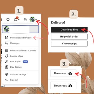 May include: A screenshot of an Etsy account showing the steps to download a digital purchase. The steps are numbered 1, 2, and 3. Step 1 shows the account menu with options like Purchases and reviews, Messages, Gift card balance, Special offers, Your impact, Etsy Registry, Account settings, and Sign out. Step 2 shows a button that says "Download files" and is labeled "Delivered". Step 3 shows a button that says "Download" with a cloud icon.