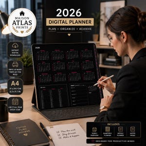 Peut inclure: Un agenda numérique 2026 affiché sur un écran de tablette, présentant un calendrier annuel, des vues trimestrielles et hebdomadaires. L'interface est noire avec du texte blanc et rose. Inclut des étiquettes pour téléchargement et format A4 21 x 29,7 cm.