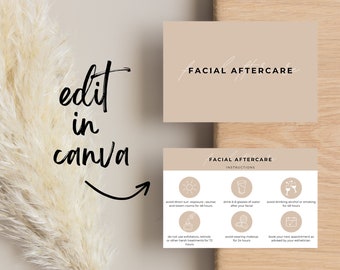 May include: Tan-colored business cards with the text "FACIAL AFTERCARE" in a script font. One card has the text "edit in canva". Another card lists aftercare instructions, including avoiding sun exposure and alcohol.