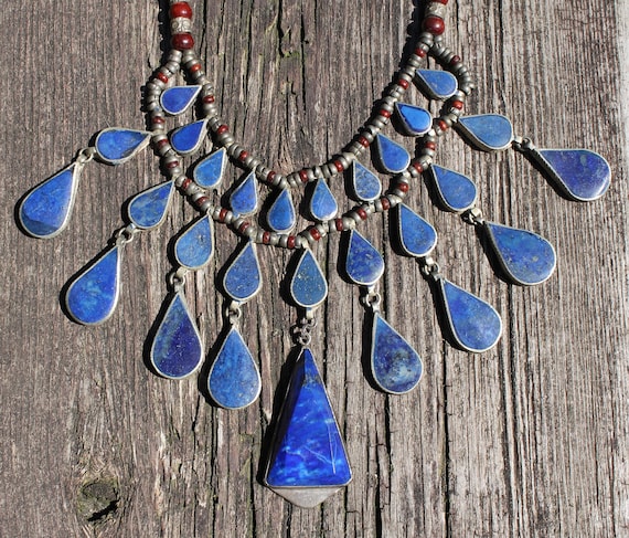 Vintage Lapis Lazuli and Silver Necklace, Large S… - image 1
