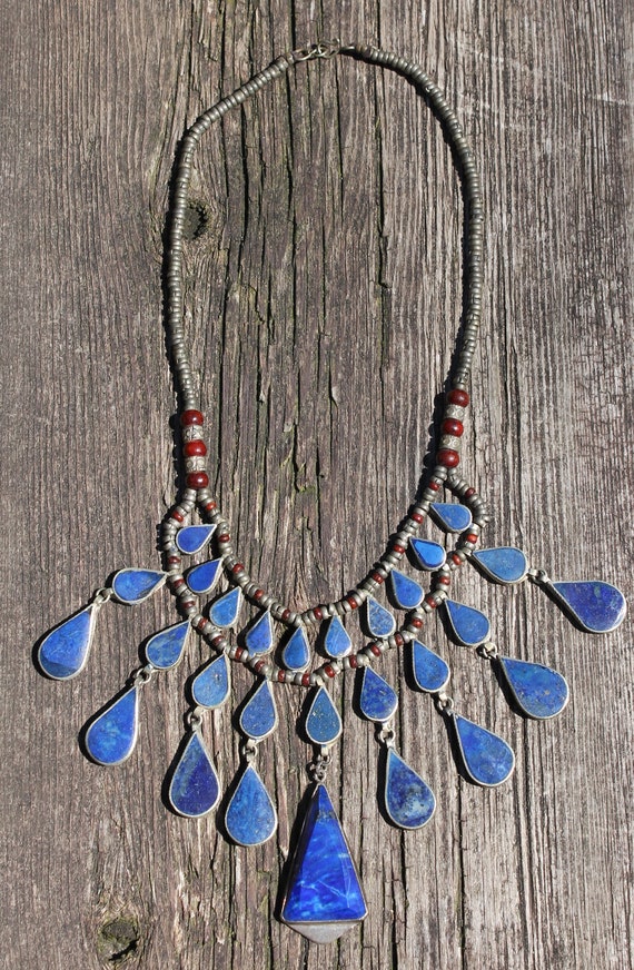 Vintage Lapis Lazuli and Silver Necklace, Large S… - image 7