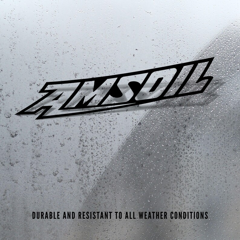 May include: Black AMSOIL logo on a silver background with water droplets. The text "DURABLE AND RESISTANT TO ALL WEATHER CONDITIONS" is at the bottom of the image. The logo is a stylized, angled design.