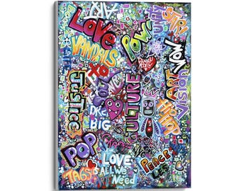 May include: A colorful abstract painting with a graffiti style featuring words like "Love", "Vandal", "Culture", "Pop", "Justice", "Soul", "Art", "Vision", "Peace", "Tags", "All We Need", and "Hip Hop".
