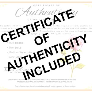 May include: A white certificate of authenticity document featuring a pale pink rose illustration on the right side. The text reads Certificate of Authenticity of Original Artwork, Title: Roses, Size: 9x12, Medium: Watercolor on paper, Year: 2026.