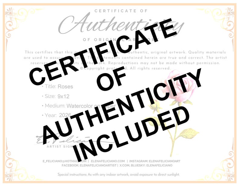May include: A white certificate of authenticity document featuring a pale pink rose illustration on the right side. The text reads Certificate of Authenticity of Original Artwork, Title: Roses, Size: 9x12, Medium: Watercolor on paper, Year: 2026.