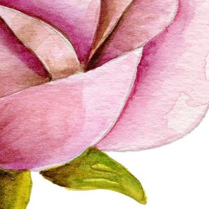 May include: A watercolor painting of a flower blossom featuring layered petals in shades of light pink, magenta, and deep rose. The base of the flower includes small, textured green sepals with brown accents, all set against a plain white background.