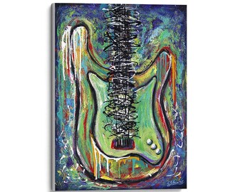 Stampe d'arte Giclée, stampe su tela, chitarre, arte colorata, arte musicale, stampe di strumenti musicali, dipinti originali, decorazioni murali, arredamento per la casa