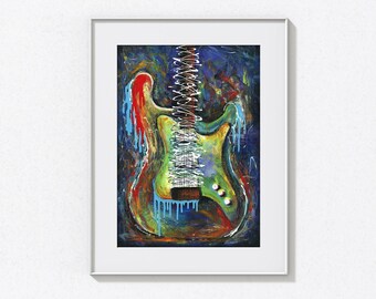 Impresiones artísticas Giclée, impresiones en lienzo, guitarras, Stratocaster, músicos, impresiones de instrumentos, pinturas originales, arte para pared, impresiones musicales