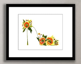 Prints, Posters, Canvases, Mexican Sunflower Watercolor Painting, Shoe Art, Pop Art, Colorful, Orange, Yellow, Abstract Modern Contemporary