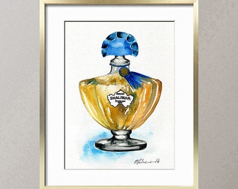 May include: A watercolor painting of a vintage perfume bottle with a blue and gold design. The bottle is labeled "Shalimar Guerlain".