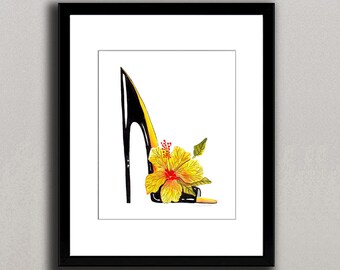 Prints, Posters, Canvas, Hibiscus Flower Watercolor Painting, Floral Art, Shoes Art, Fashion, Colorful, Abstract, Yellow, Red, Mother's Day