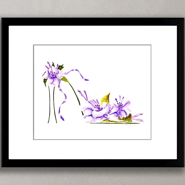 Prints, Posters, Canvas, Gladiolus Purple Flower Watercolor Painting, Shoes, Stiletto, Fashion, Colorful, Abstract Art, Modern