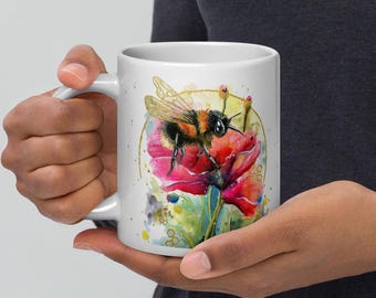 Artsy Ceramic Mug, Poppy Flower and Bee Coffee Mug, Colorful Flower,  Floral Mugs, Gift idea
