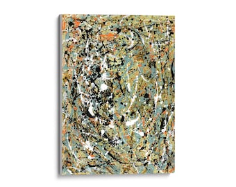 May include: Abstract painting with a green, blue, black, and orange color scheme. The painting features a variety of shapes and textures, creating a dynamic and energetic composition.