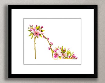 Prints, Posters, Canvas, Pink Cherry Blossoms Watercolor Painting, Flowers, Stiletto, Fashion, Colorful, Abstract Art, Contemporary, Modern