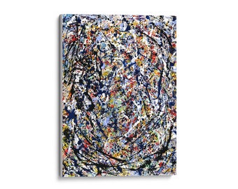 May include: Abstract painting with a white background and a swirling pattern of black, blue, yellow, red, and green paint splatters.