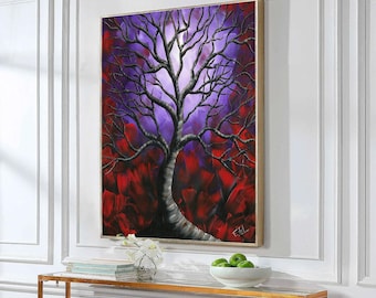 Impresiones artísticas Giclée, impresiones en lienzo, pintura de árbol morado, pintura abstracta, arte de árboles, abstracto, tapices, arte mural, impresiones de paisajes
