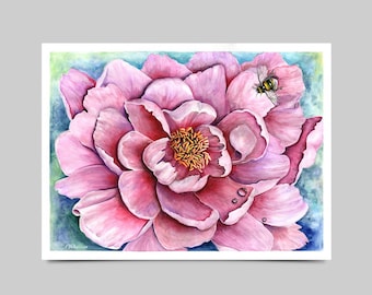 May include: A watercolor painting of a pink peony flower with a bee on one of the petals. The flower is in focus and the background is blurred.