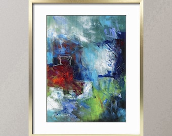 May include: Abstract painting with bold strokes of blue, green, red, and white paint. The painting has a textured surface and a modern style.