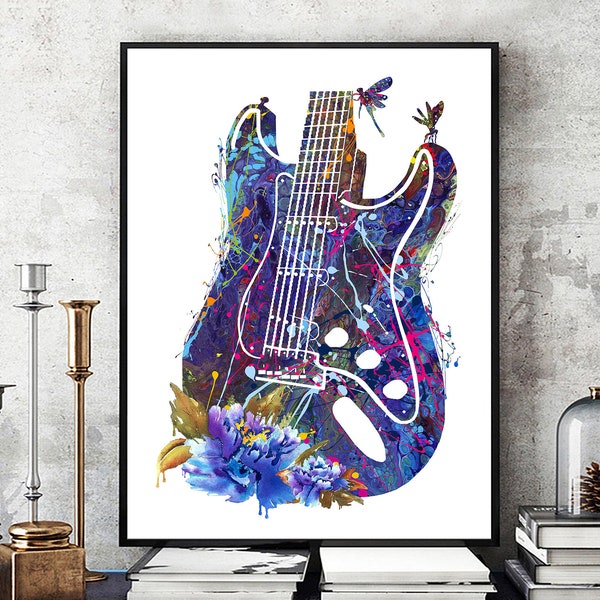 Fine Art Prints, Canvas, Guitar Art Prints, Peonies & Dragonflies, Music, Instrument, Musician Art, Flowers, Blue Pop Art, Modern, Abstract