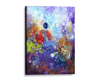 May include: Abstract painting with a purple, blue, and white background. The painting features a variety of colorful circles and dots, creating a sense of movement and energy.