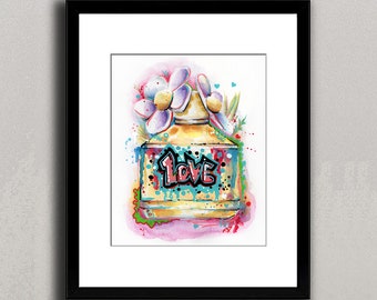 May include: A framed watercolor painting of a perfume bottle with the word "Love" in graffiti style. The bottle is yellow with blue and red accents, and topped with purple and yellow flowers. The background features colorful watercolor splashes.