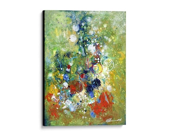 May include: Abstract painting with a green, yellow, blue, red, and white color scheme. The painting features circles, dots, and lines. The painting is signed "Ellen - 2018".