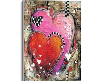 Heartbeats Giclee Print, Pink and Red Hearts, Love Painting, Paper, Canvas or Framed