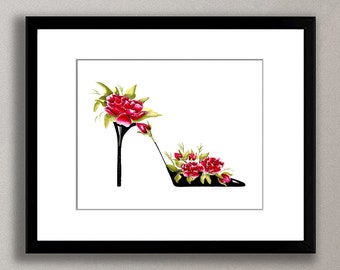 Prints, Posters, Canvas, Roses Watercolor Painting, Flower Painting, Shoe Art, Abstract, Floral, Modern, Garden, Botanical, Red, Gift Idea