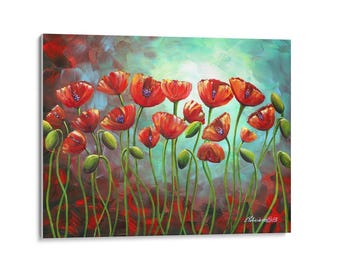 Impresiones artísticas Giclée, impresiones en lienzo, jardín, amapolas, láminas florales, arte floral rojo, láminas rojas, motivos florales, pintura abstracta, arte para pared