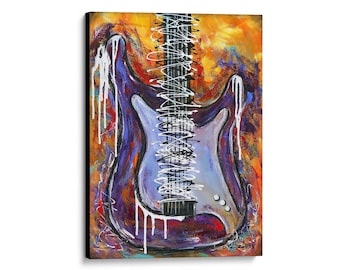May include: Abstract painting of an electric guitar with a purple body and white strings. The background is a mix of orange, yellow, and red.