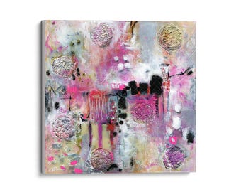 May include: Abstract art canvas print with a textured surface. The artwork features a mix of pink, white, black, and gray colors with circular textured elements. The painting has a modern and expressive style.