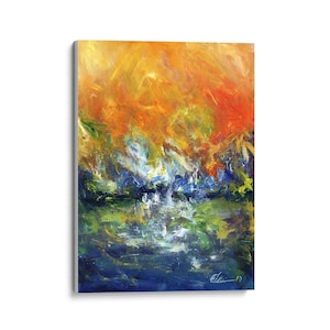 Impresiones Giclée de Bellas Artes, Impresiones en Lienzo, Paisajes, Escénicos, Naranja, Azul, Verde, Arte Abstracto, Arte Mural, Tapices, Pintura Original, Regalos
