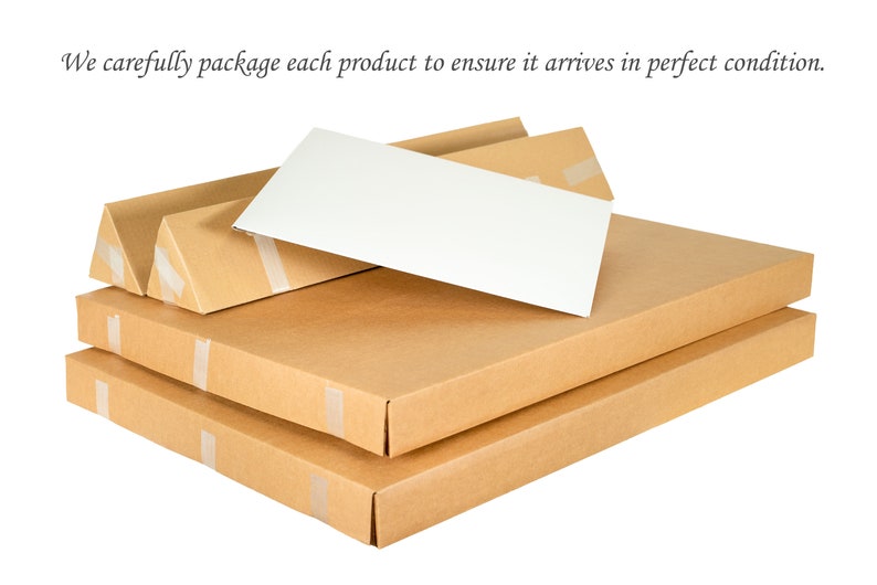 May include: Two flat rectangular cardboard boxes and two triangular cardboard tubes stacked together, with a white rectangular card placed on top. The text "We carefully package each product to ensure it arrives in perfect condition." is visible.