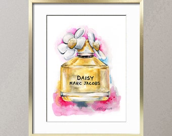 May include: Watercolor painting of a gold perfume bottle with a white daisy flower on top. The bottle is labeled "Daisy Marc Jacobs".