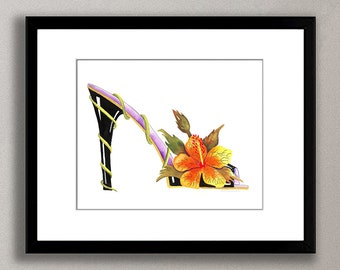 Prints, Posters, Canvas, Hibiscus Flower Watercolor Painting, Orange, Yellow, Shoe Art, Fashion, Colorful Floral, Abstract, Pop Art, Modern