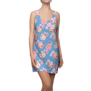 Light Blue and Pink Floral Flowers Women&#39;s Cut & Sew Racerback Dress - Sakura Cherry Blossoms - High Quality -  Many Sizes - Great Gift!