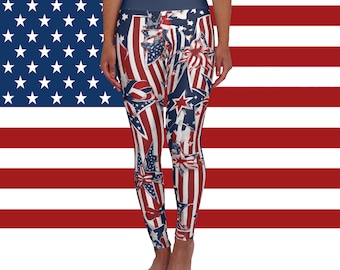 Patriotic High Waisted Leggings for Women |  USA American Flag Stars & Stripes Inspired Yoga Pants for 4th of July Fitness Everyday Wear
