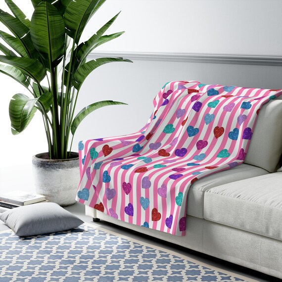 Sherpa Fleece Blanket: Colorful Hearts, Pink Stripes, Plush Throw