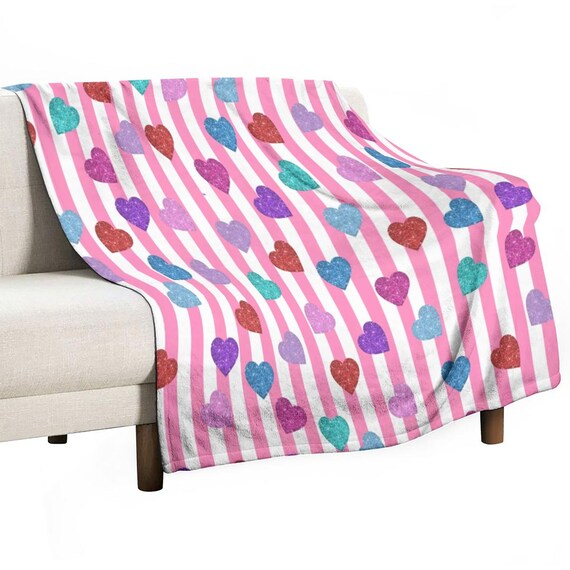 Soft Hearts & Stripes Blanket - Plush Polyester Fleece, Warm Cuddling Throw, Home Decor Bedspread, Snuggly Valentine's Day Gift