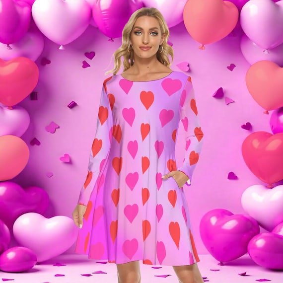 Heart Print Valentine's Day Dress: Pink Gradient Long Sleeve Party Dress