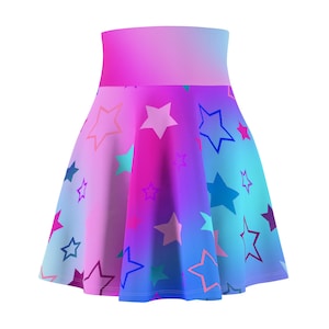 Celestial Star Print Skater Skirt on Cool Pink,  Blue and purple Gradient Background - Trendy Skater Style